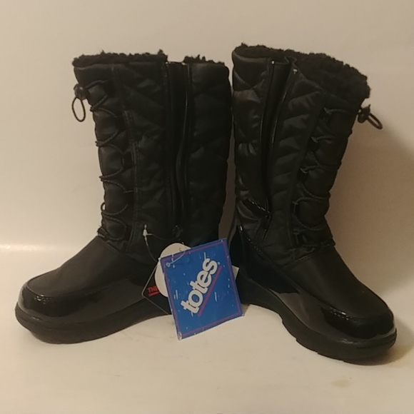 Totes Black Nylon Patent Leather Snowboots 12 - Picture 1 of 9